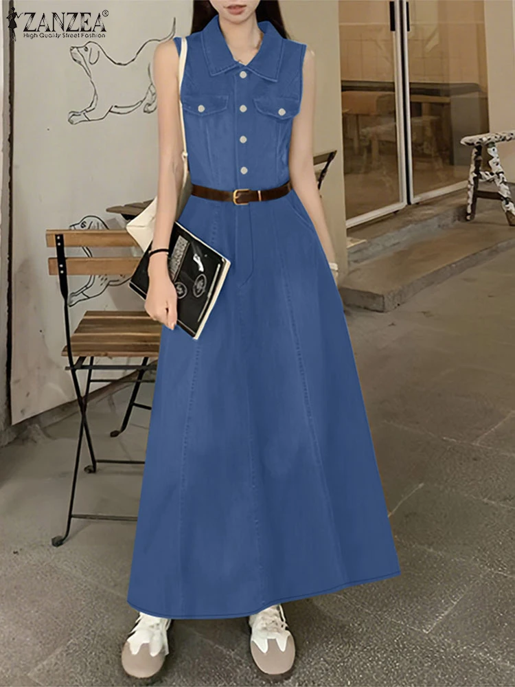 2025 ZANZEA été Denim bleu Robe mode femmes sans manches Robe d'été Maxi longues robes Robe Femme élégant solide robes de travail