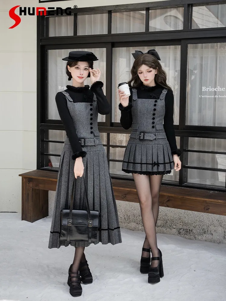 

Original French Elegant Retro Adjustable Strap High Waist Belt Slim Fit Versatile Lolita Gray Pleated Dress for Women Winter