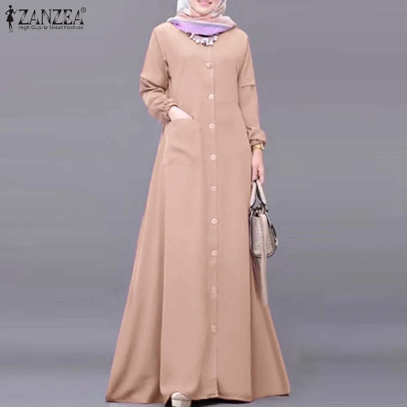 

Модное женское платье-абайя ZANZEA с длинным рукавом, весеннее длинное платье макси, платья-хиджаб из Дубая, однотонная исламская одежда для женщин