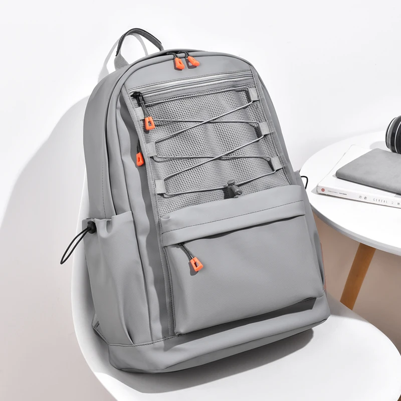 Mens Gray Fashion Backpack Multi pocket Sporty Rucksack Durable Laptop Bag with Orange Accents