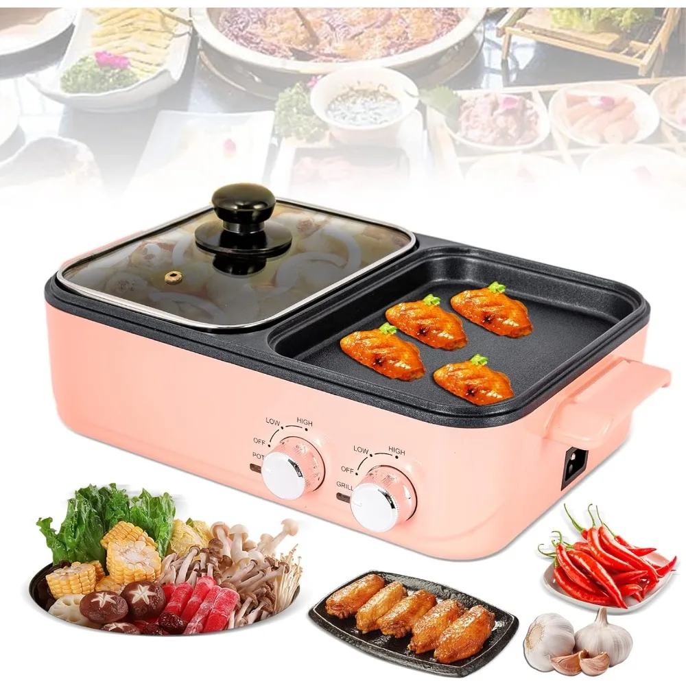 Hot Pot with Grill Electric Hot Pot and Frying Pan 2 in 1 Indoor NonStick Shabu Shabu Pot and Griddle Dual Temperature Control