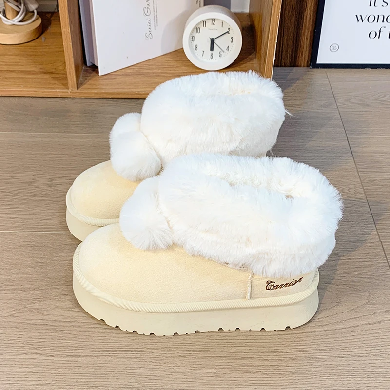 Japanese Lolita Style Cute Fur Ball Thick Soled Snow Boots Women's Leather Fur Integrated Winter Warm Cotton Shoes Short Boots