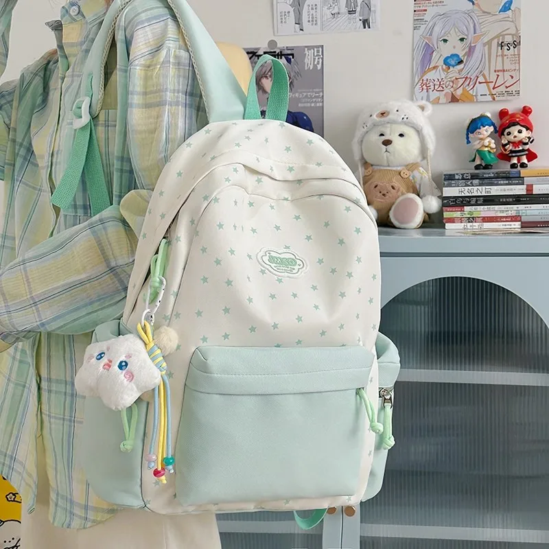 

New Womens Star Print Color Block Backpack Cute School Bag with Plush Pendant for Teen Girls Travel Daily