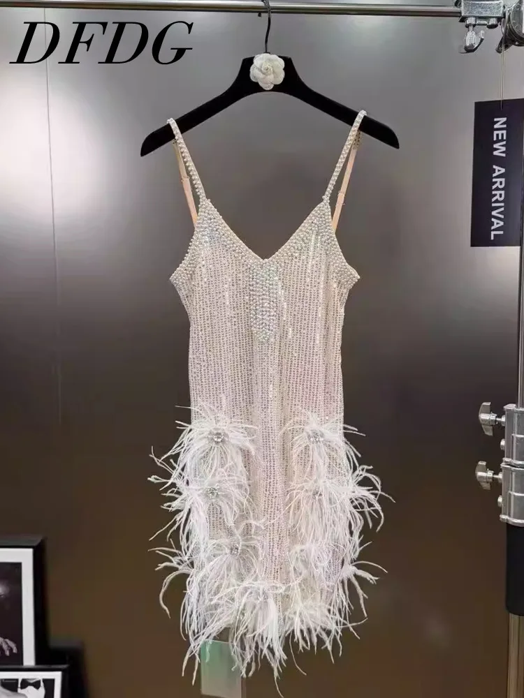 DFDG Women's Spring White Sequin Feather Cami Dress Sleeveless V-Neck Dress Elegant Party Clubwear 2025 Trendy Feminine Dress