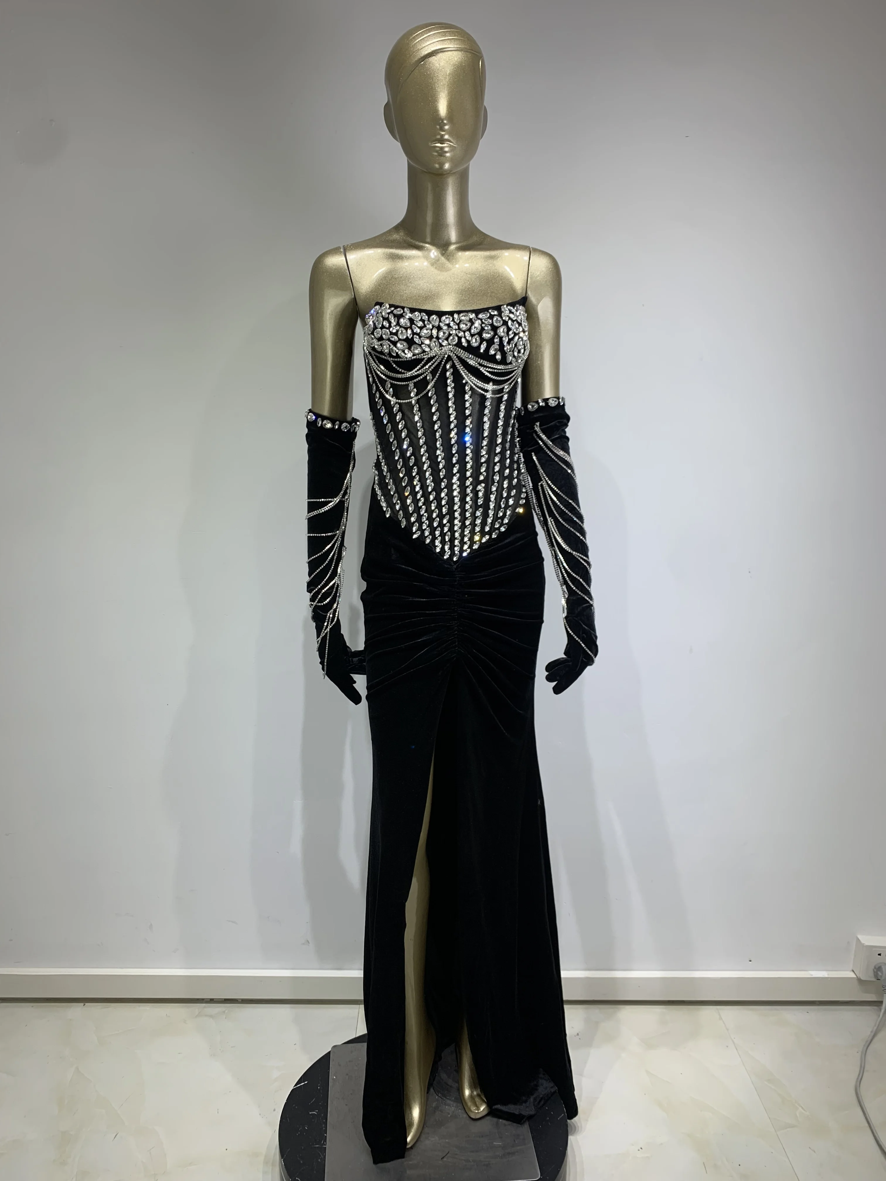 Women Luxury Sexy Strapless Beading Diamonds Black Maxi Long Dress 2024 Elegant Party Evening Stage Performance Dress Vestido