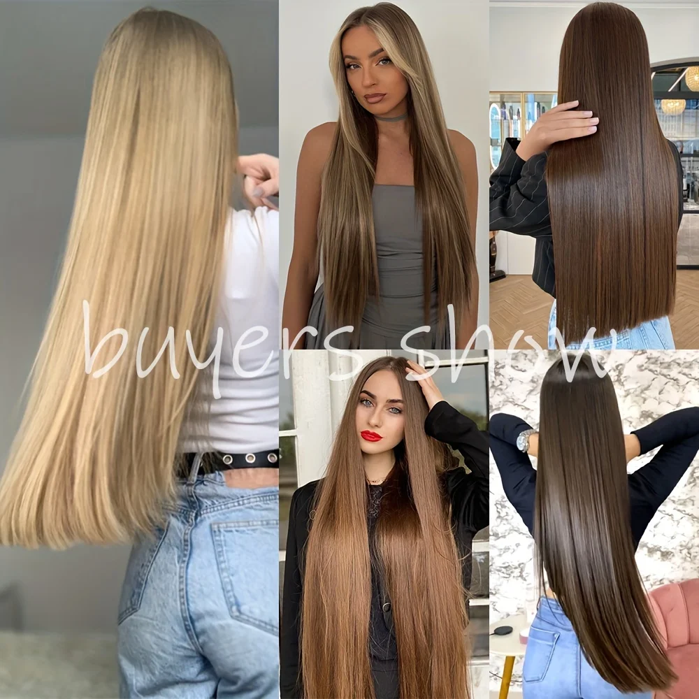 Long straight hair synthetic 5-clip hair extension clip clamped on woman\'s hair natural wig black long straight multiple lengths