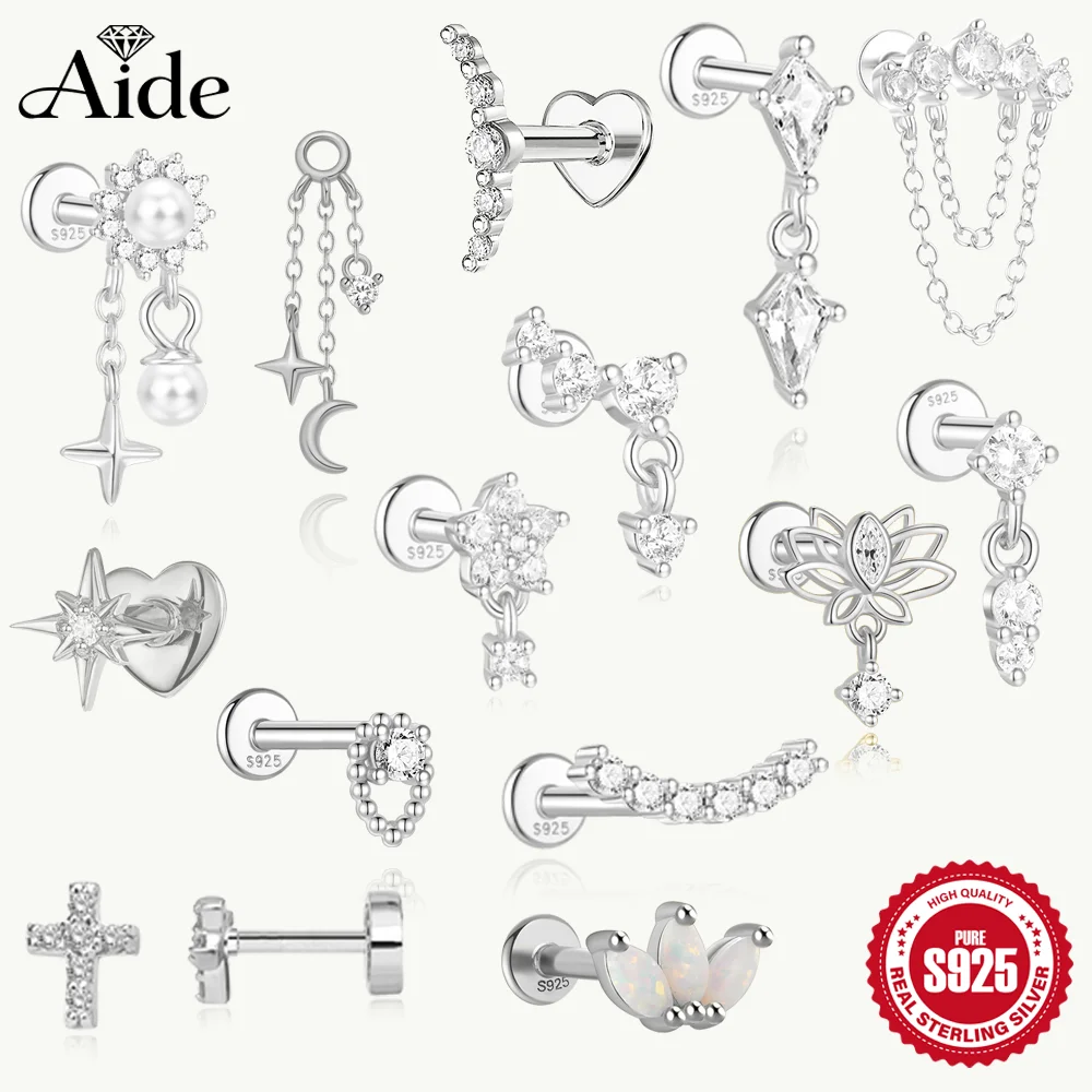 AIDE 925 Sterling Silber 1 Stück Sonnenblume Stern/Mond Doppelschichtige Quastenkette für Frauen Knorpel-Piercing Tropfen-Ohrringe Zierlich