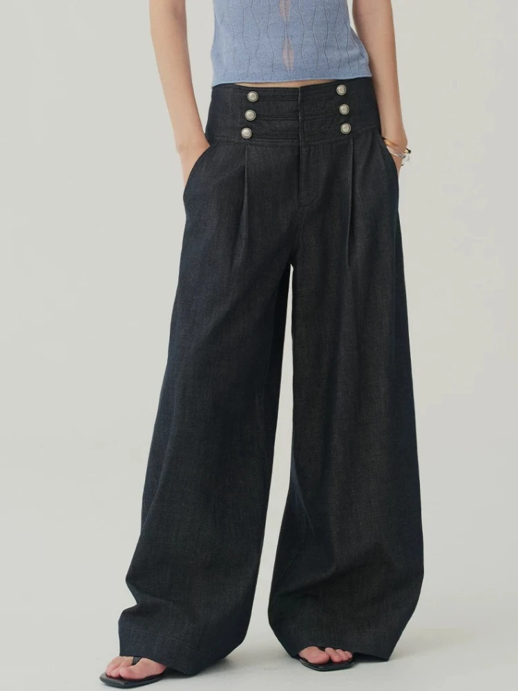 Women Ocean Style Double Breasted Feel Straight Leg Jeans Vintage Metal Buttons Casual Denim Trousers Ladies Daily Wear Pants