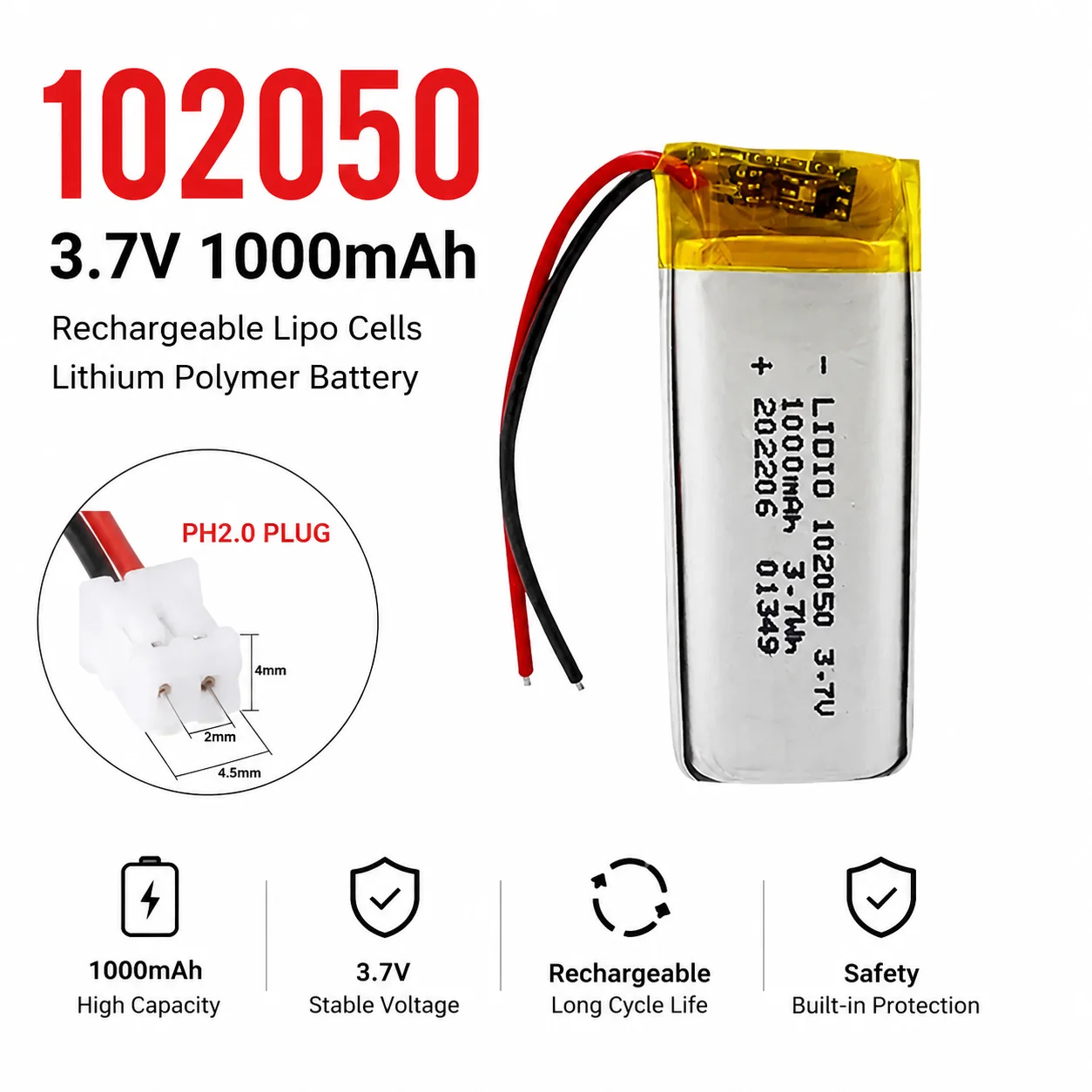 NOWE 102050 3.7V 1000mAh Akumulatory Lipo 1-10 szt. Baterie litowo-polimerowe do urządzeń kosmetycznych, oświetlenia LED, GPS z PCB — zdjęcie produktu 7