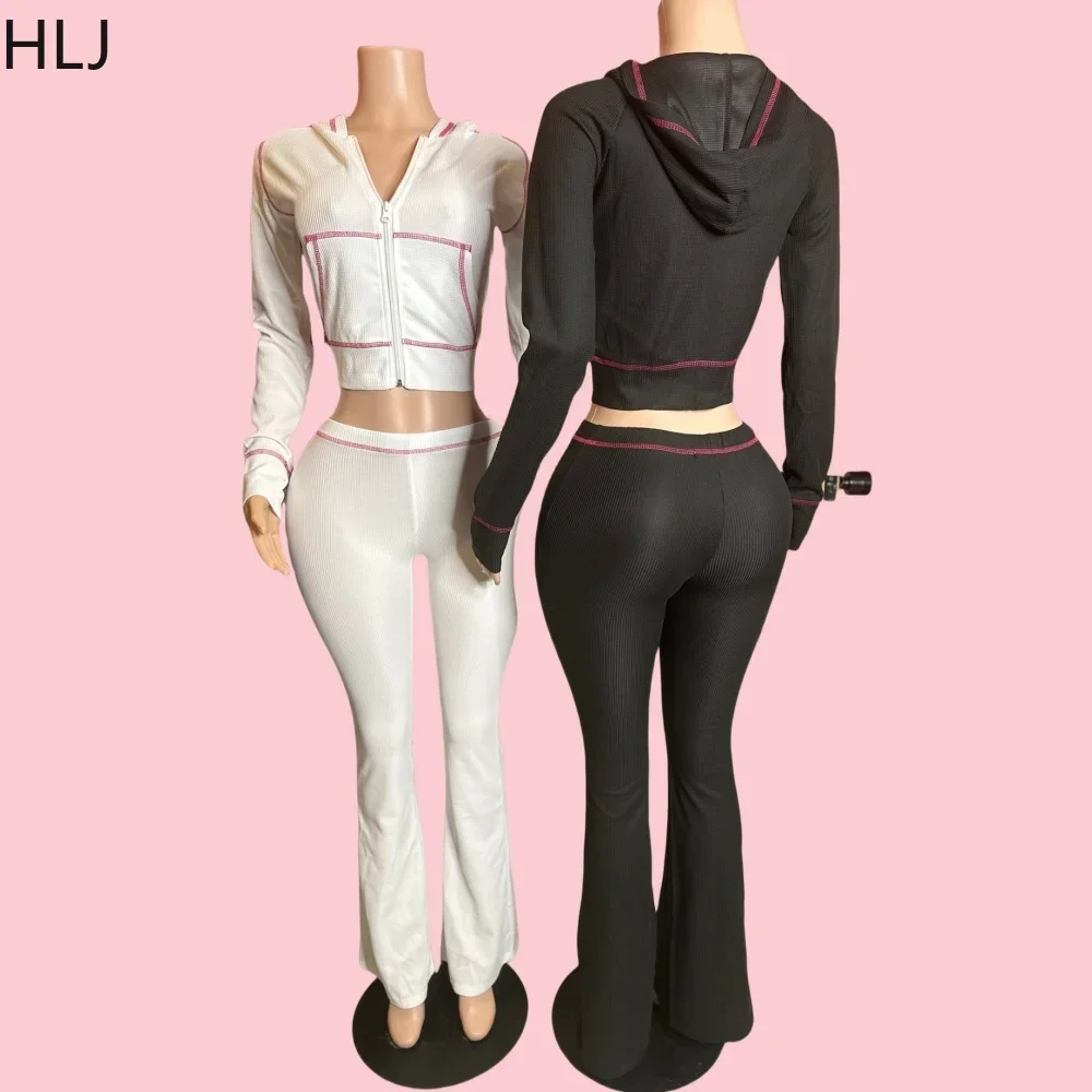 

HLJ Autumn New Waffle Hooded Two Piece Sets Outfits Women Zipper Long Sleeve Top And Flare Pants Tracksuits Female Sporty Suits