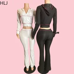 HLJ Autumn New Waffle Hooded Two Piece Sets Outfits Women Zipper Long Sleeve Top And Flare Pants Tracksuits Female Sporty Suits