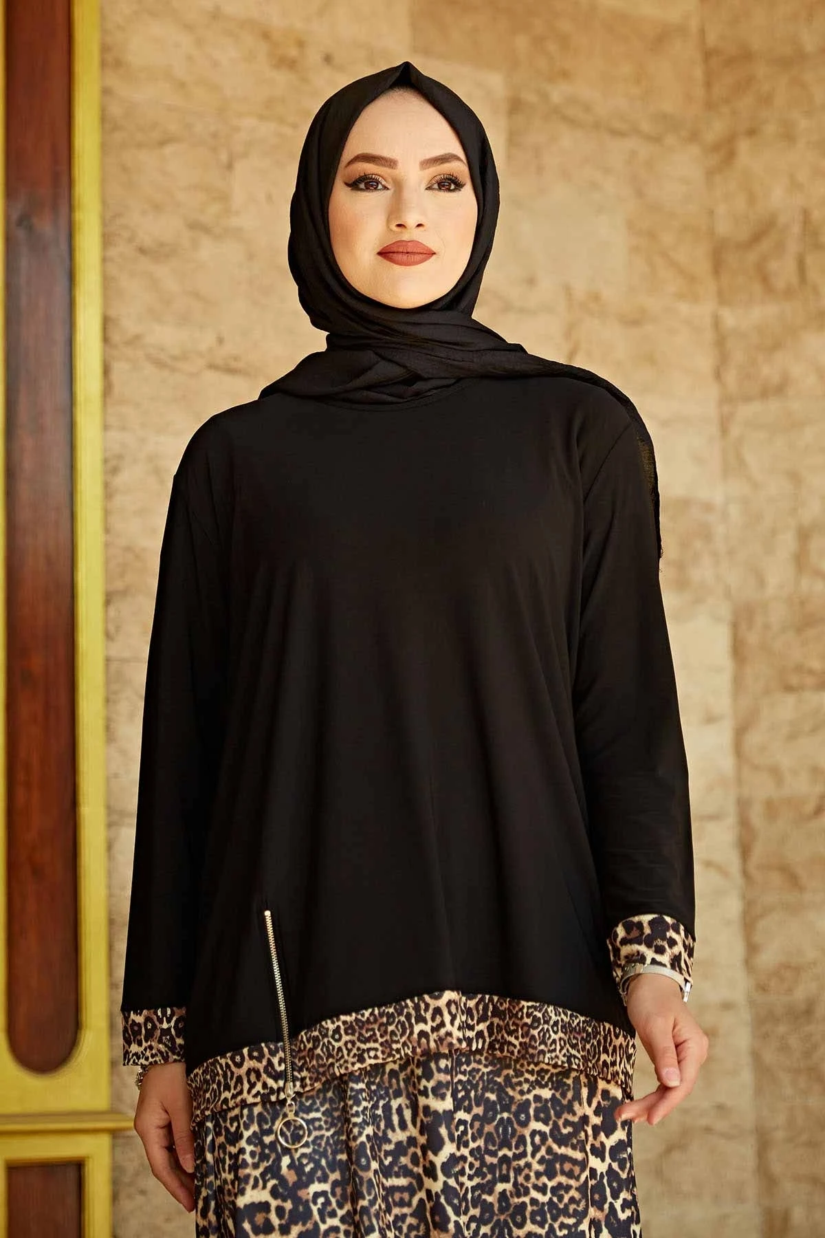 Zipper Detail Sandy Skirted Suit EML-Leopard Mink Winter Autumn 2021 Muslim Women Hijab headscarf Islamic Turkey