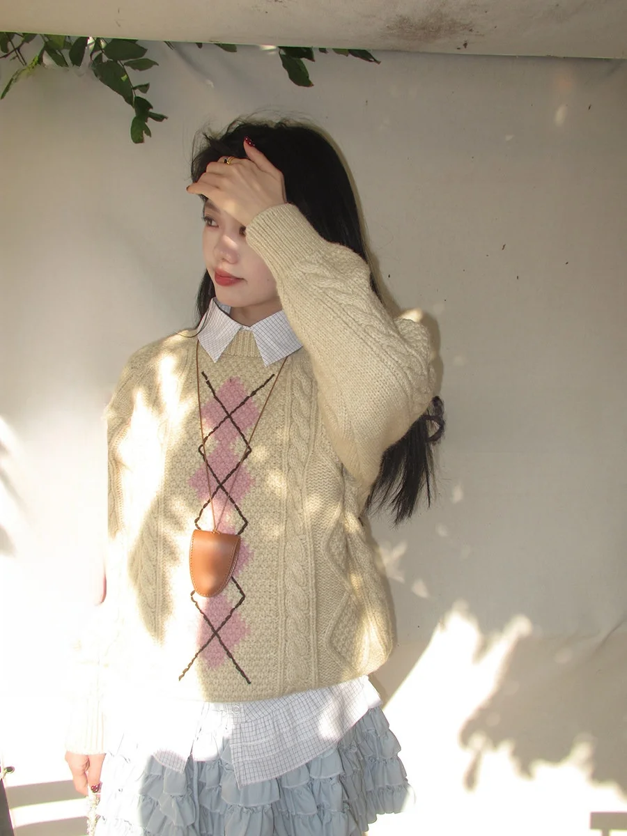 

Sinbounboun Vintage Sle Long Sve вязаный свитер круглый Ne ромбовидный узор грубая игольная закрутка цветная одежда для девочек