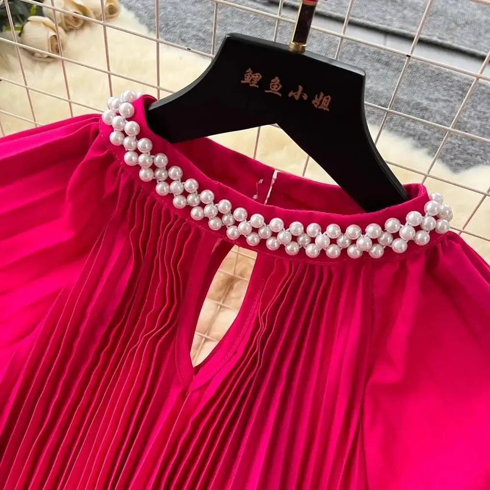 ヴィンテージ風エレガントプリーツ透かしプリントOネックランタン袖Aラインワンピース 春秋ファッション レディースドレス