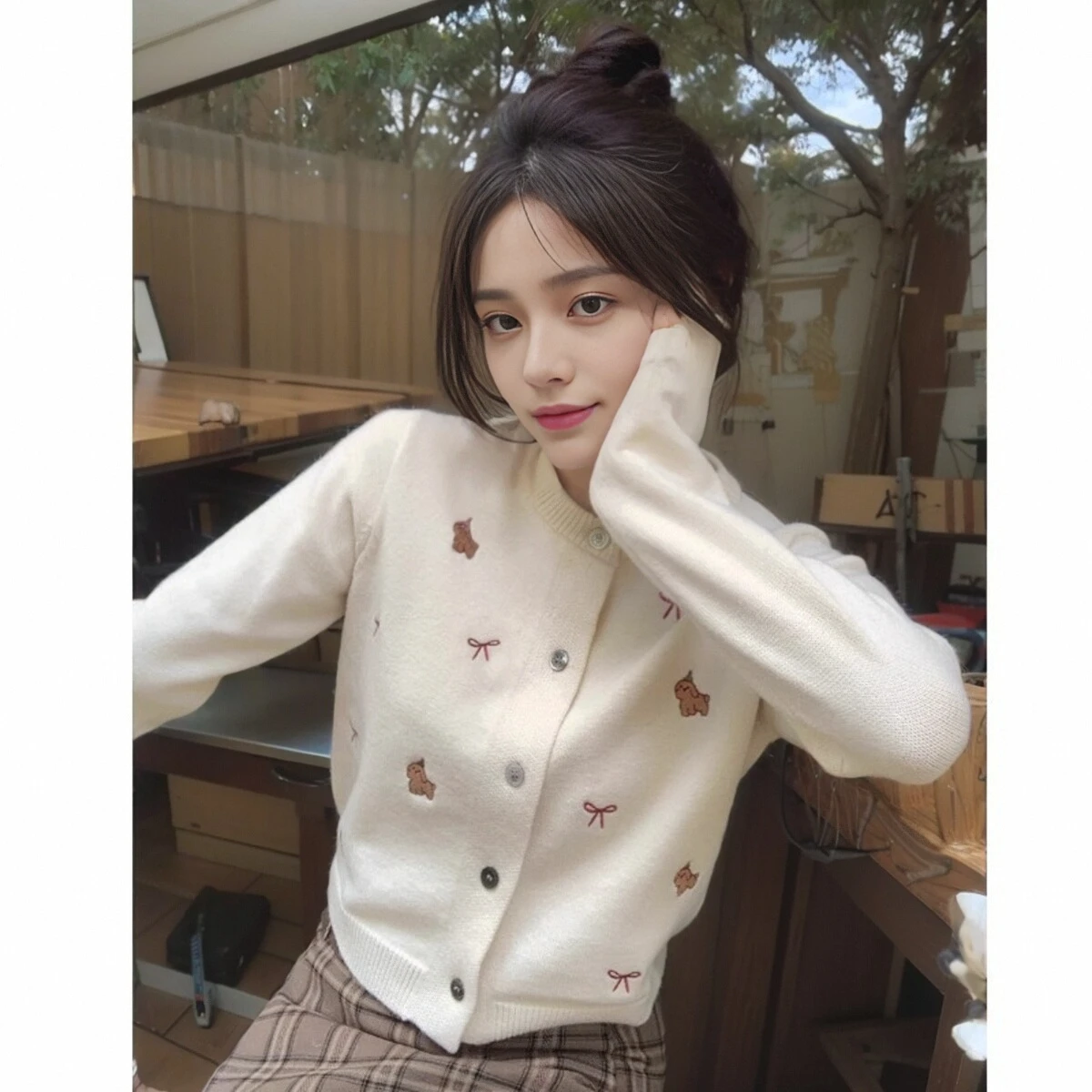 FIGOHR Korean version bow dog embroidery sweet sweater knitted cardigan jacket women's versatile short top spring jacket 2025