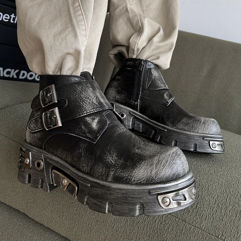 men's fashion punk stage platform boots designer natural leather shoes cowboy ankle boot spring autumn motorcycle botas hombre