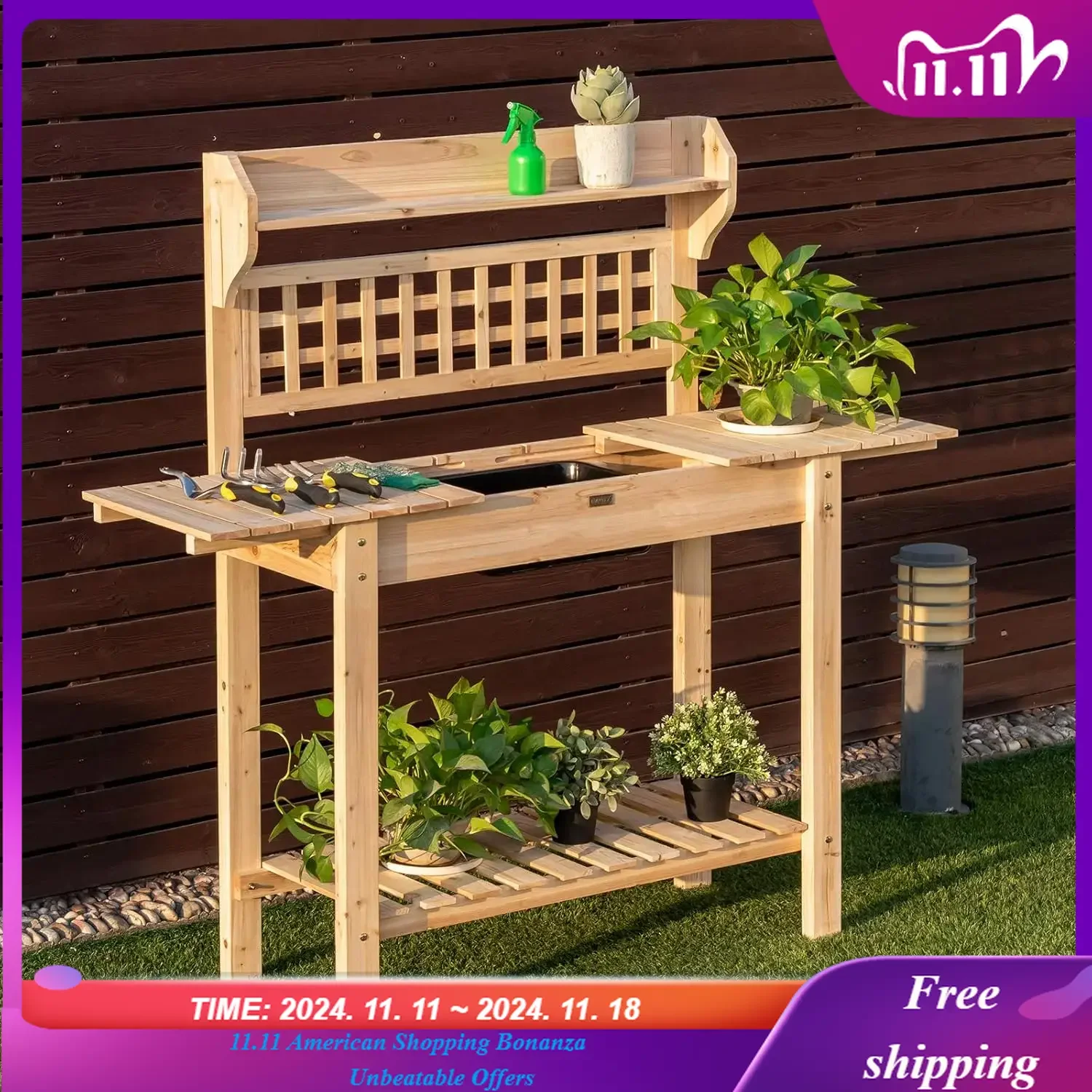 Giantex Garden Potting Bench, Outdoor Wood Work Table w/Sliding Tabletop, Planter Bench Work Station w/Removable Sink & Storage