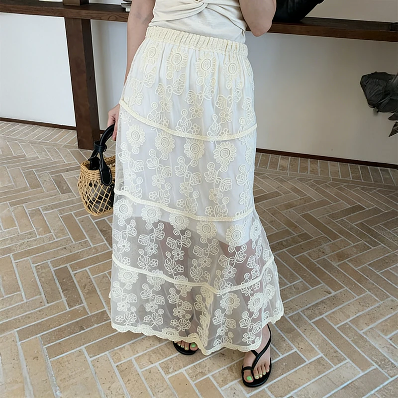 Semi Sheer Lace Maxi Skirt Embroidered Floral Flowy A-Line Knitted Skirts Women Summer Beach Long Skirt Retro Boho Vacation