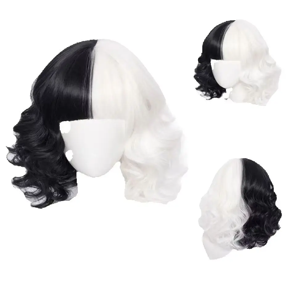 Half Black Half White Split Color Short Curly Synthetic Wig For Women, Halloween Cosplay Wig