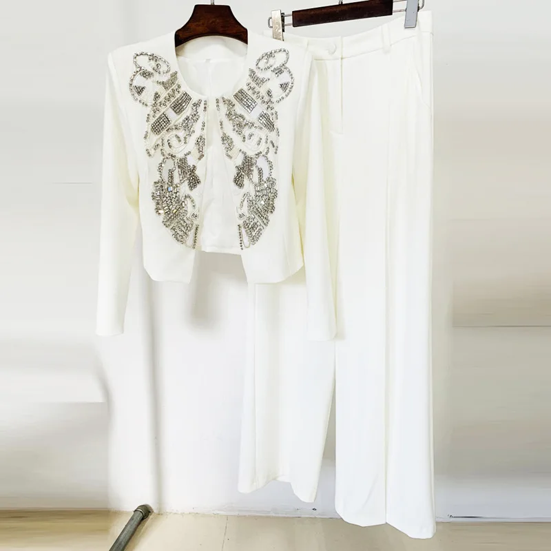 European American O-Neck Heavy Beaded Short Jacket Wide-Leg Pants Two-Piece Set traf pant sets ensemble femmes suit for woman view 3