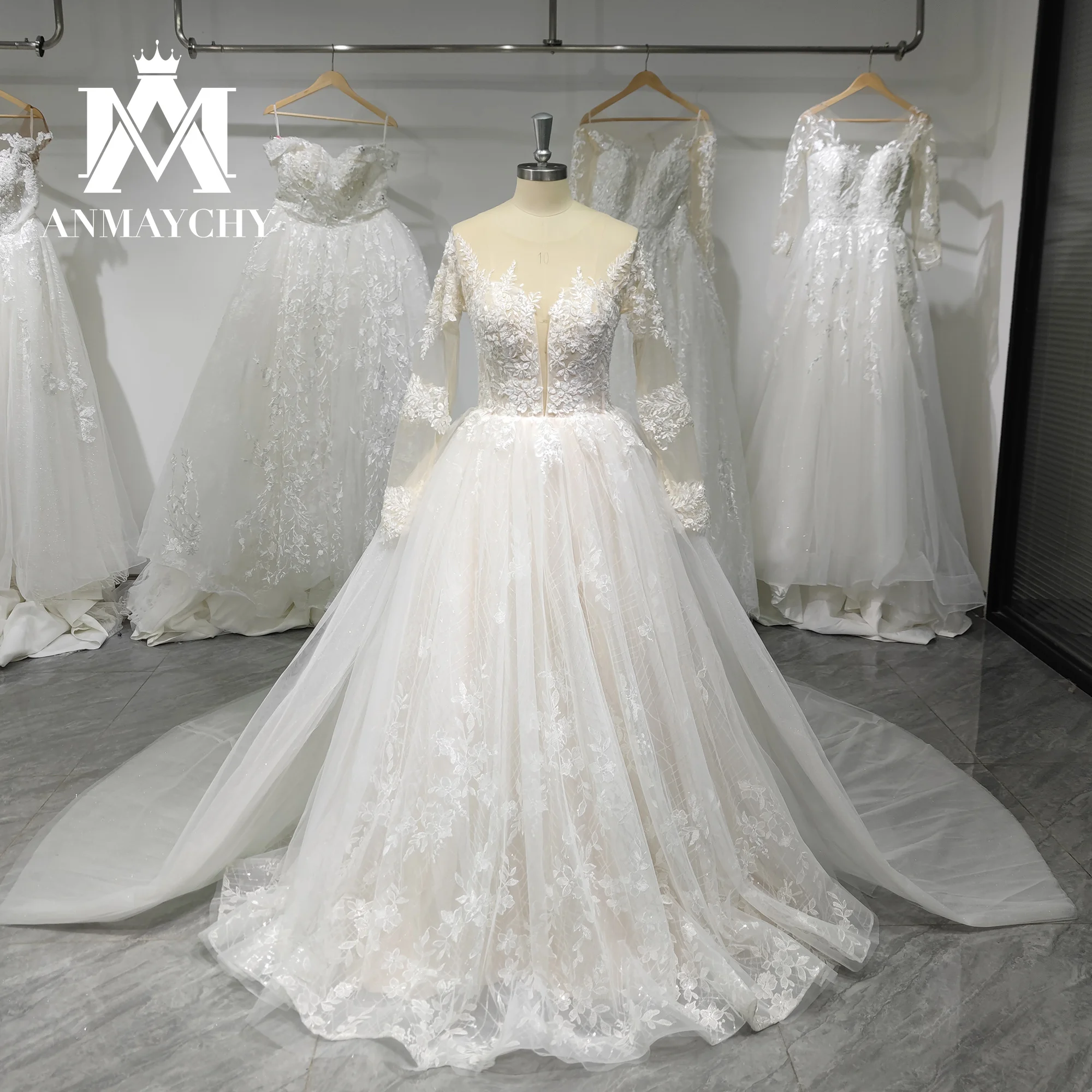 ANMAYCHY A-Line Wedding Dresses For Women 2023  Long Sleeve Beading 3D Flowers Detachable Train Wedding Gown Vestidos De Novia