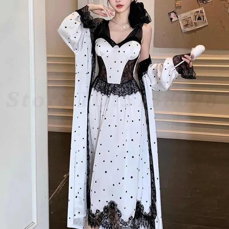 

Сексуальная свободная длинная ночная рубашка и халат, комплект, повседневная атласная ночная рубашка, кружевное кимоно, банный халат, ночная рубашка на подтяжках, женская домашняя одежда, домашняя одежда