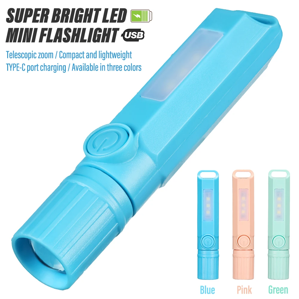 Super Bright LED Mini Flashlight Rechargeable Torch Portable Work Light Outdoor Camping Light with Side Light & Telescopic Zoom