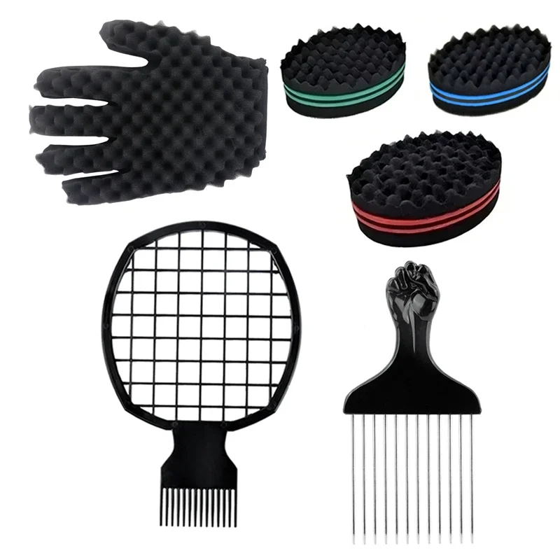 Afro Curly Hair Comb Barbershop Curling Net Comb Insert Comb Black Men Hair Curling Sponge Salon Hairdressing Styling Tools Set