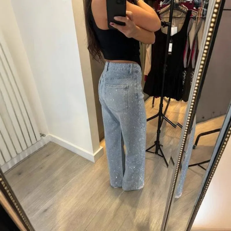 Japanese and Korean Casual Women's High Waisted Washed Denim Jeans, Loose and Slimming, Versatile and Rhinestone Hot Stamping - Image 2