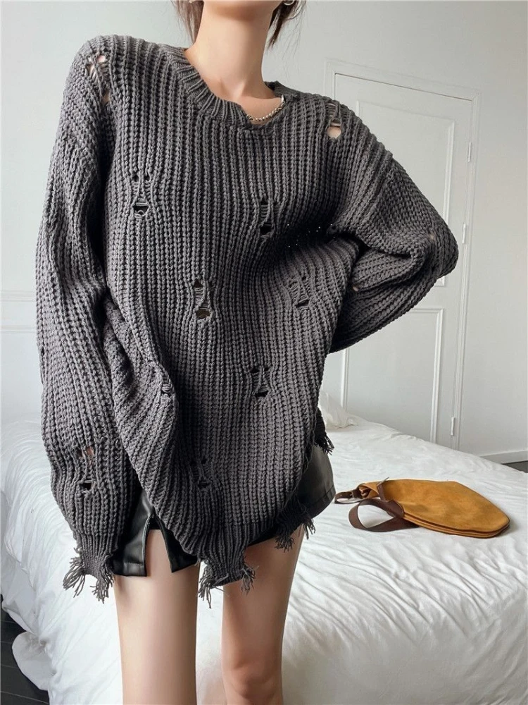 Y2k Harajuku Vintage Women\'s Clothing Solid Color Hole Design Lazy Style Loose Pullovers Autumn Winter Streetwear Knit Sweaters