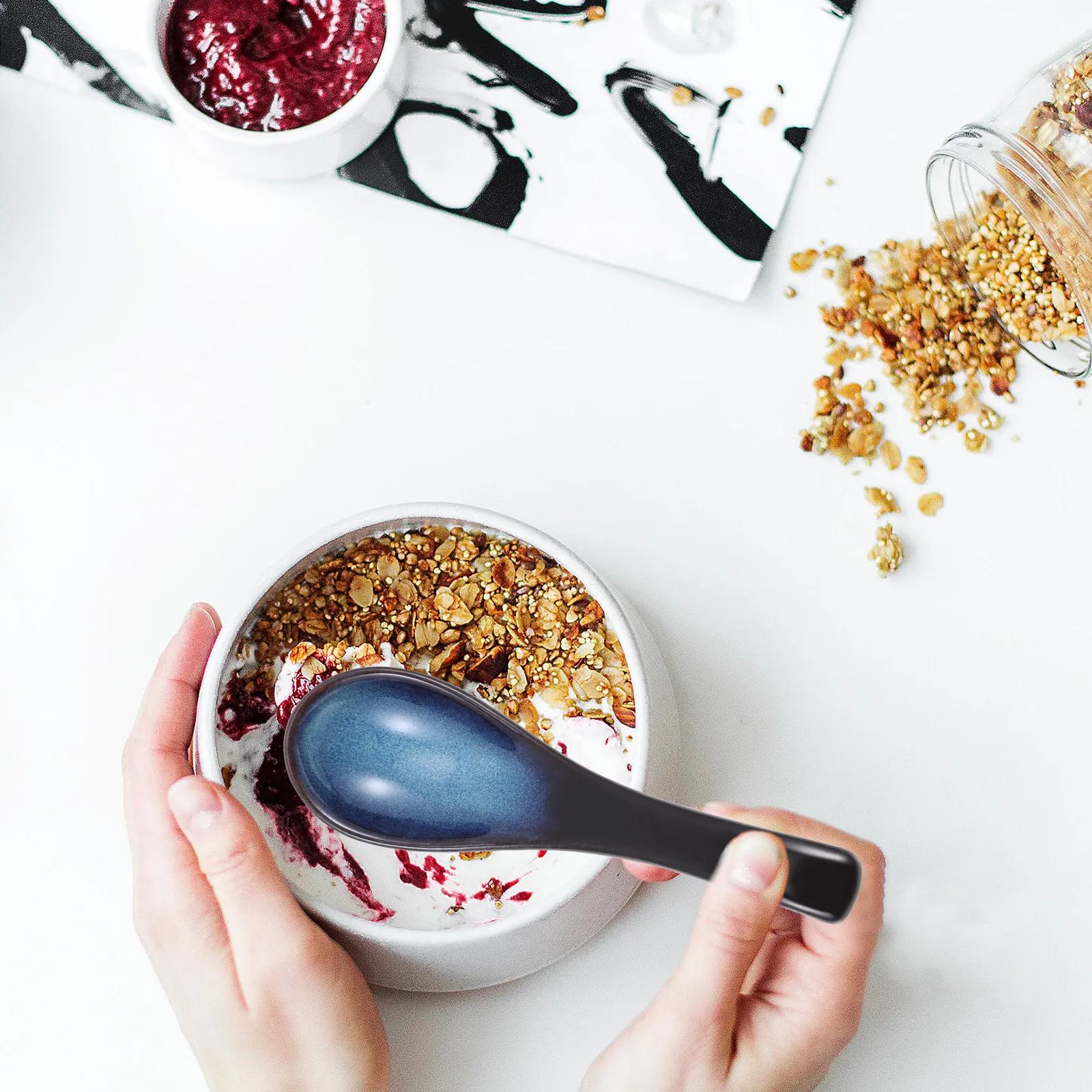 4Pcs Japanese Retro Ceramic Spoon Set Smooth Glossy Surface for Soup Porridge Coffee Honey Dessert Serving Home Dining Gift Blue
