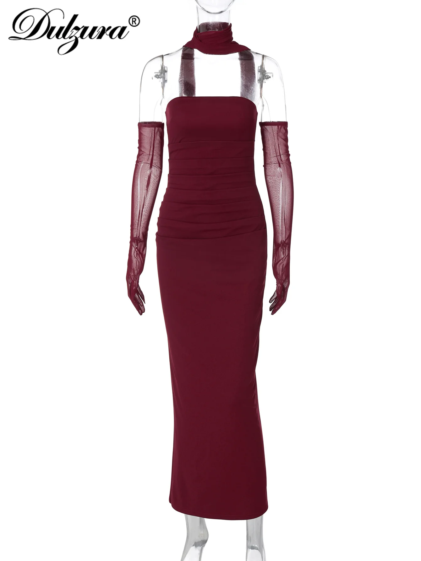 Dulzuraหน้าอกห่อBackless Bodycon RuchedกลับSlit Midiชุดตาข่ายถุงมือเซ็กซี่Elegant Tubeชุดยาวปาร์ตี้Clubwear