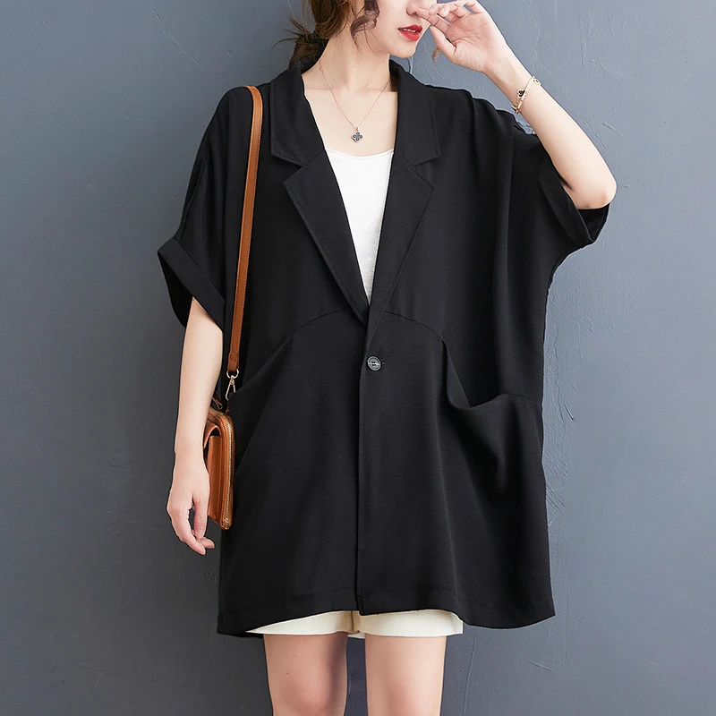 Plus Size Suit Jacket Women's 2022 Summer Mid-Length Loose Casual Small Suit Chiffon Top Short-Sleeved Black Cardigan Suit Coat