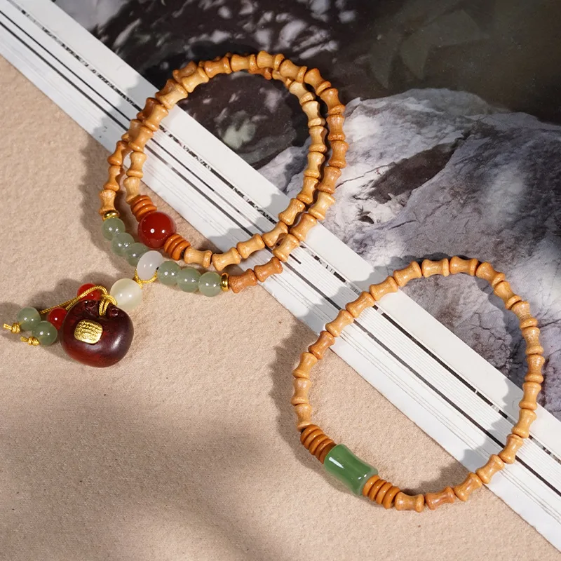 Natural Sandalwood Bamboo Joint Beaded Bracelet Chinese Style Lucky Blessing Career Progress Prayer Wooden Jewelry For Women Men