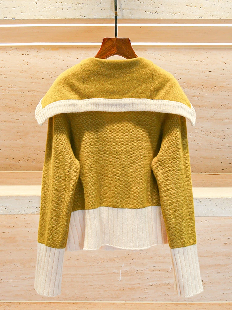 

Naval Collar Knitted Sweater Coat Women's Faion Small Fraance Sle High Ne Long Sve ort Coat Double Button Closure
