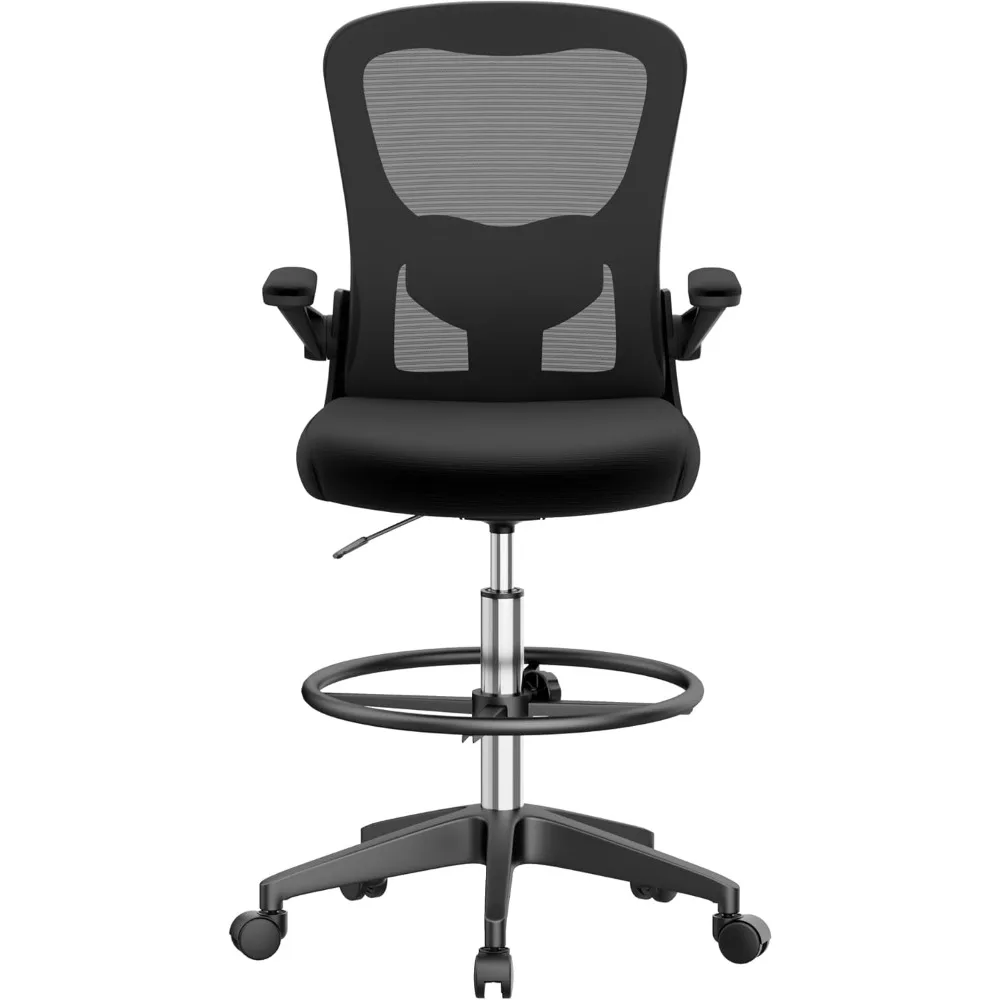 

ergonomic office chair: black desk chair with 2d lumbar and headrest support, plus footrest ring for comfort
