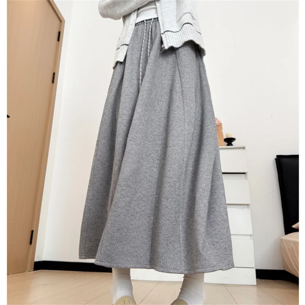 تنورة طويلة برباط عالية الخصر لربيع 2025 للسيدات للخريف والشتاء تنانير متوسطة الطول دافئة للسيدات تنورة ماكسي كورية بلون واحد #2