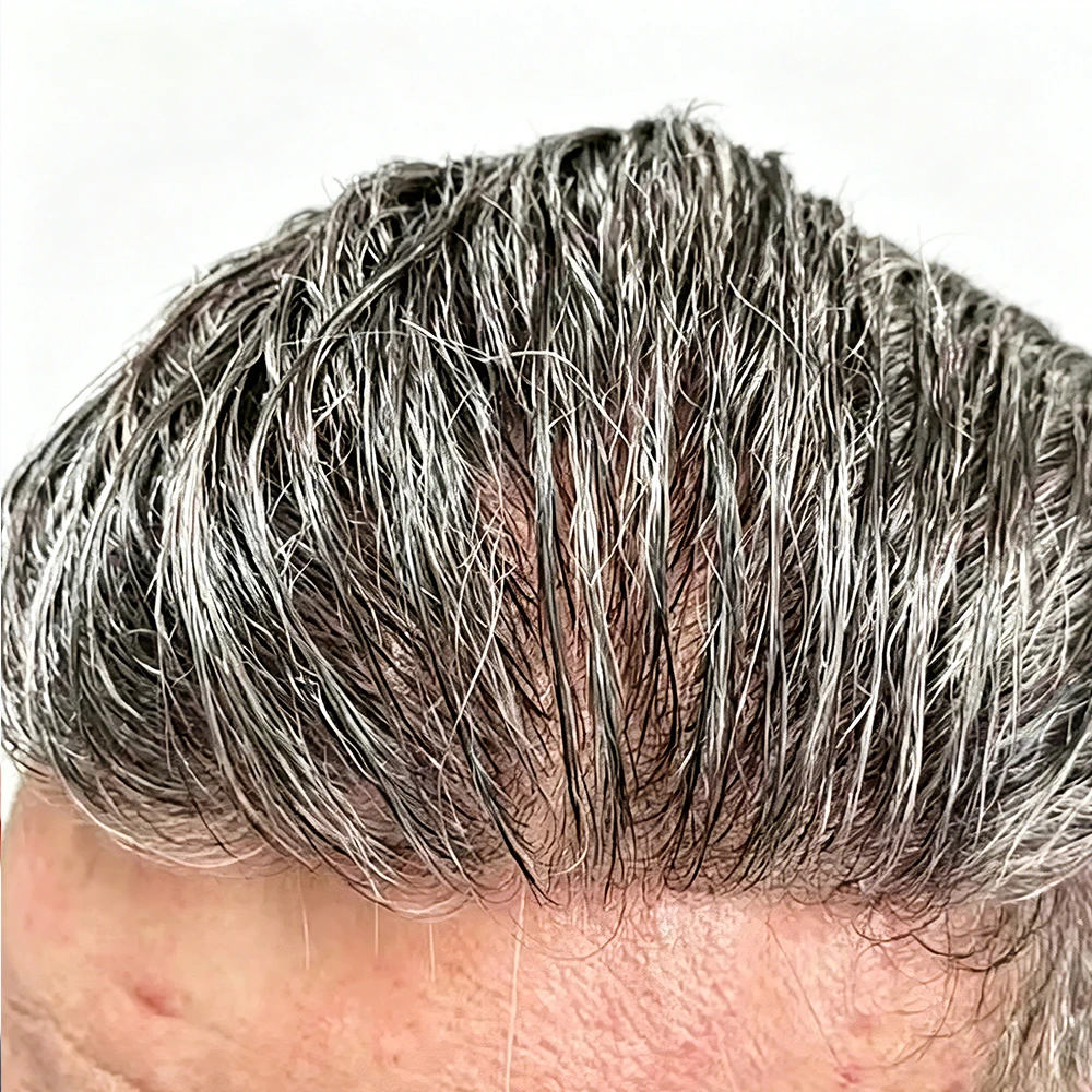 80%Density Realistic Toupee for Men Light Weight 0.02mm Ultra Thin Skin Grey Old Man Wigs Natural Looking Invisible Vloop Human