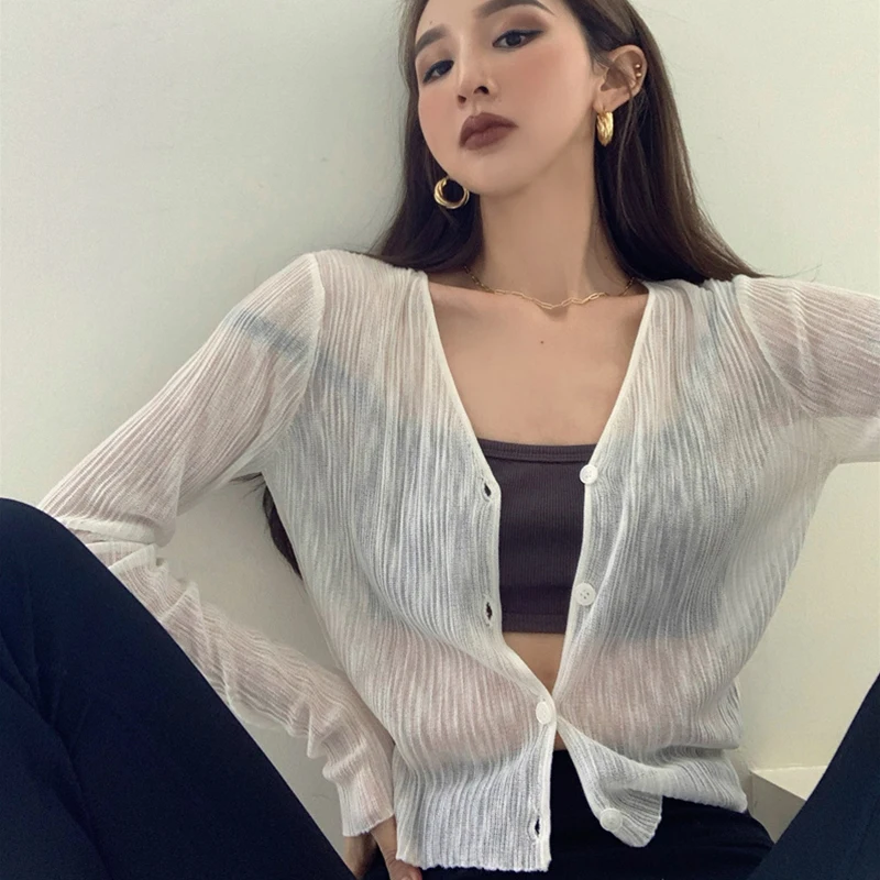 Pearl Diary Summer Thin V-Neck Sunscreen Shirt Knitting Single-Breasted Top Women Beach Outing Long Sleeve Cardigan