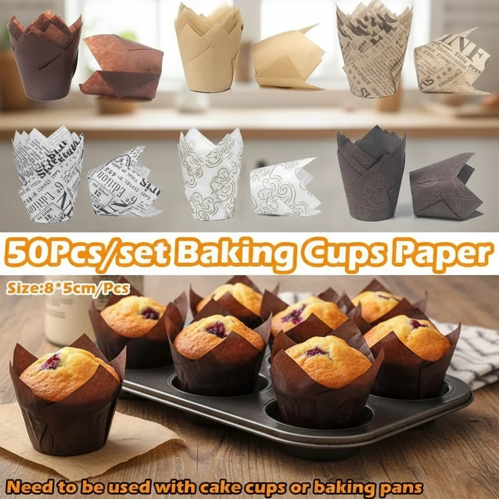 50 Pcs Set Disposable Baking Cups Paper Muffin Cupcake Pastry Decorating Tools Eco-Friendly