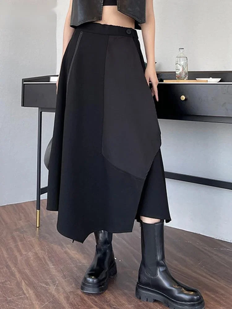 High Elastic Waist Black Irregular Zipper Long Casual Half-body Skirt Women Fashion Tide New Spring Autumn