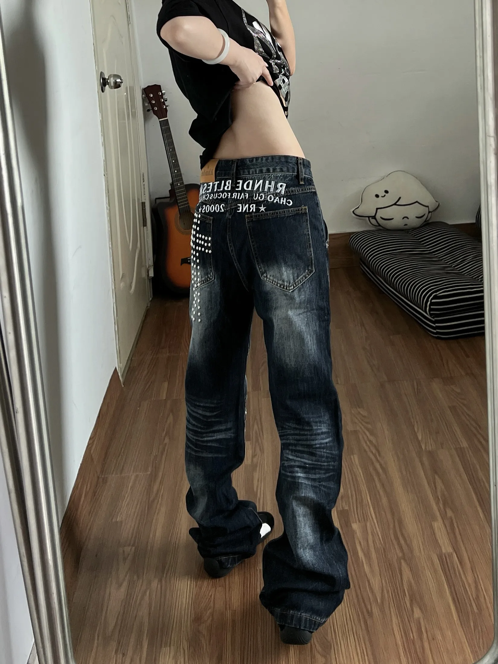 Women Vintage Blue Low Rise Flared Jeans Denim Pants American Retro Slim 90s Bell Bottom Y2k Harajuku Kpop Trousers