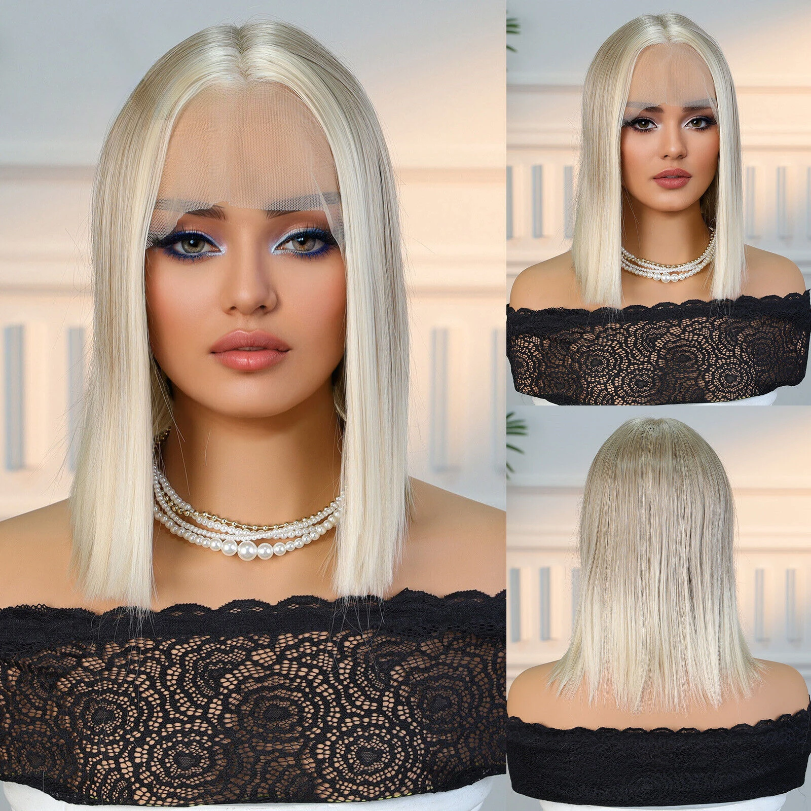 

Lace Front with High Quality Straight White Blonde Short BOB Wigs