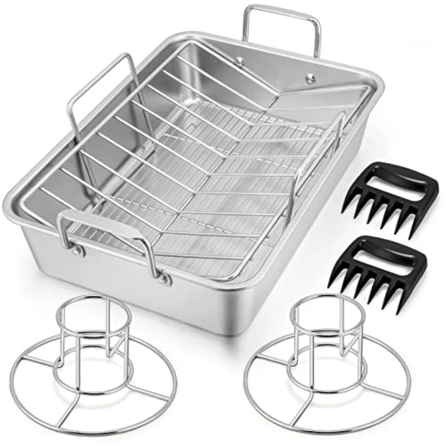 

16" Roasting Pan with Rack, 7 PCS Stainl Steel Turkey Roaster Lasagna Pan with Cooling Flat and V-shaped Baking Rack, Grilling