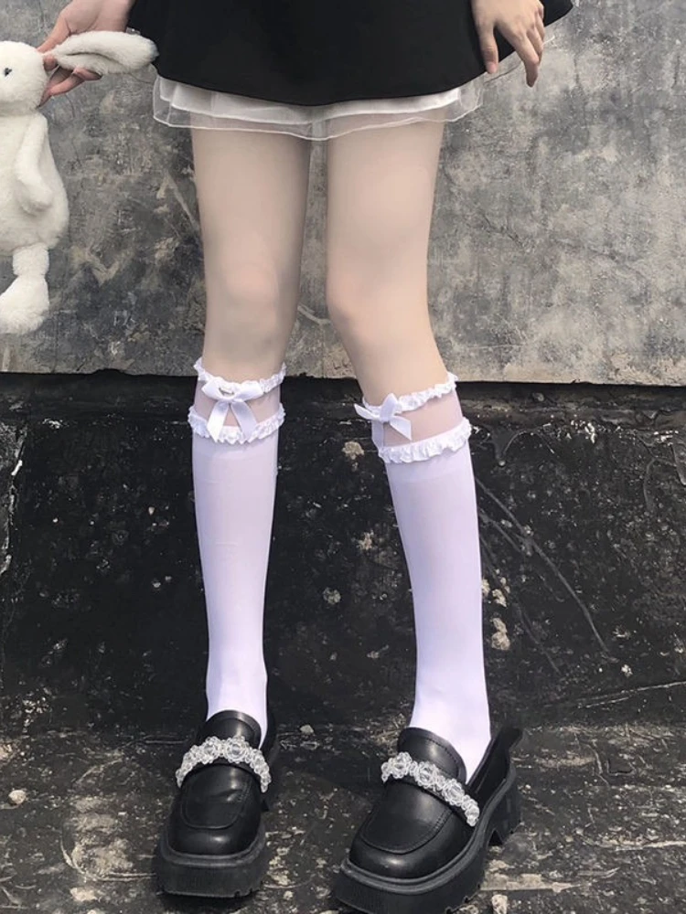 Bas d'uniforme de Cosplay Anime JK, chaussettes hautes en dentelle à bord ébouriffé pour femmes, chaussettes à nœud de couleur unie Preppy de Style japonais