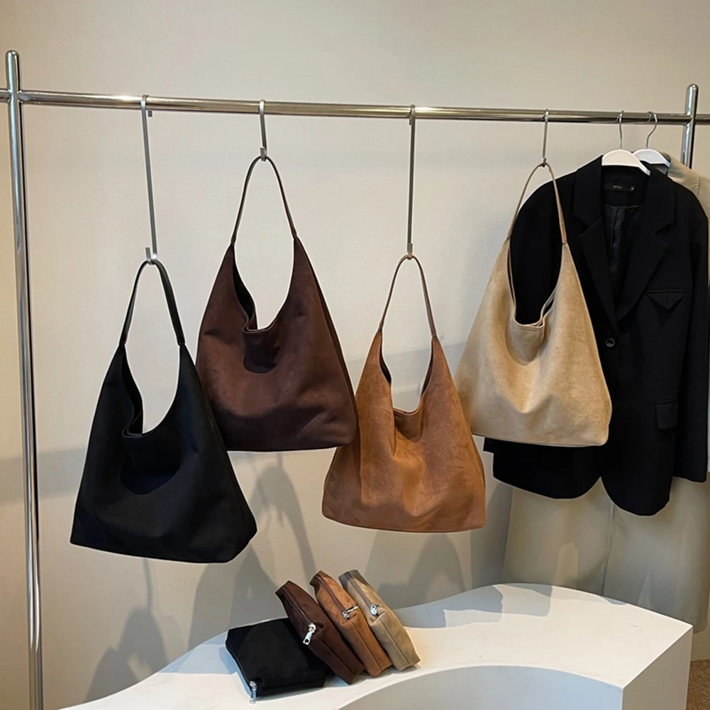 Autumn and Winter Vintage Women Bag Large Capacity Suede Shoulder Bag Casual Commuter Bag Retro Handbags with Pocket Hobo Bag