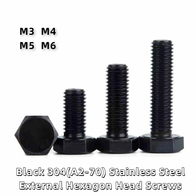 

1/5/20pcs M3 M4 M5 M6 GB5783 DIN933 Black 304(A2-70) Stainless Steel External Hex Outside Hexagon Head Cap Screw Bolt