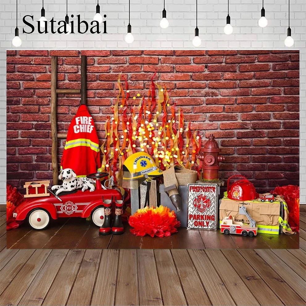 

Fireman Sam Theme Photography Backdrop Fire Truck Firefighter Baby Shower Boys Birthday Party Custom Photo Background Banner