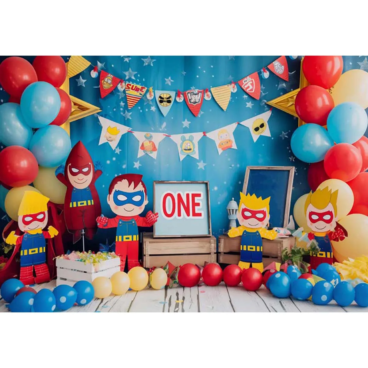 

Allenjoy Super Hero Toys Balloons 1st Birthday Backdrop