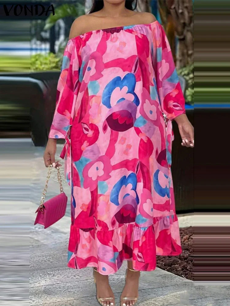 

Plus Size 5XL VONDA 2025 Women Summer Dress Elegant Off Shoulder Dress Bohemian Printed Sundress Loose Robe Casual Vestidos